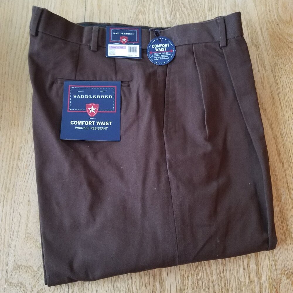Saddlebred Mens Dress Pants Comfort Waist Pleated 38x34 NWT - Walnut Brown